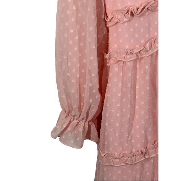 Pink Clip Dot Faux Wrap Mini Dress Size Small Ruffle Babydoll Open Back Dress - Picture 11 of 16